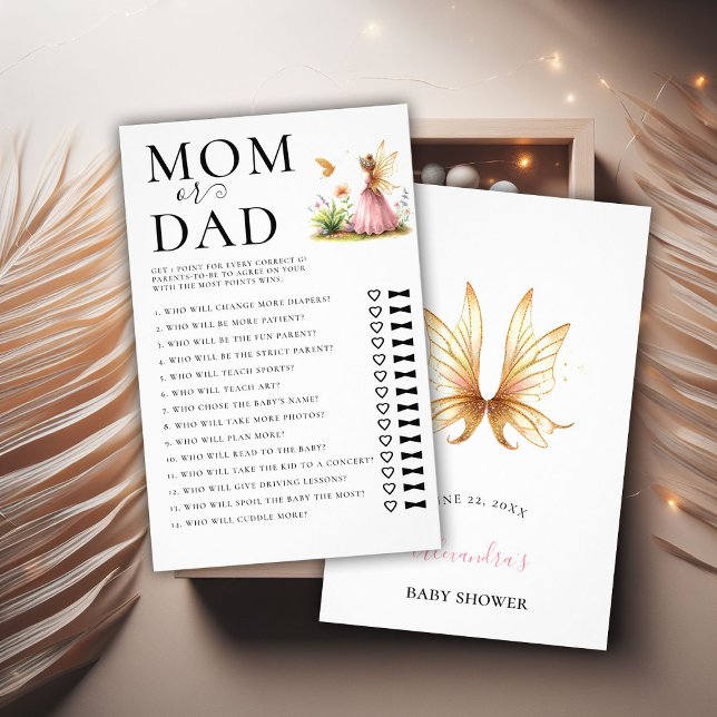 Mum Dad Guess Who Baby Shower Game Fairy Princess Flyer (baby shower game mom dad fairy princess enchanted garden watercolor pink gold cute adorable)