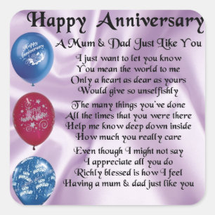 Mum & Dad  -  Happy Anniversary  -  Lilac Square Sticker
