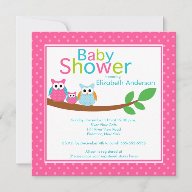 Mum & Dad Owls with Baby Owl Girl Baby Shower Invitation (Front)