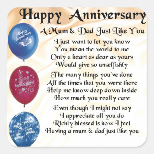 Mum & Dad Poem - Happy Anniversary - Cream Square Sticker