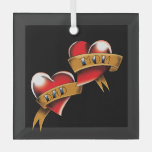 Mum Dad Red Hearts Tattoo Glass Tree Decoration