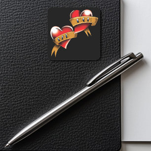 Mum Dad Red Hearts Tattoo Square Sticker