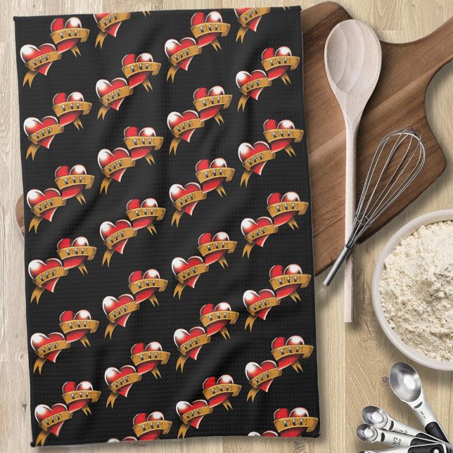 Mum Dad Red Hearts Tattoo Tea Towel (Creator Uploaded)