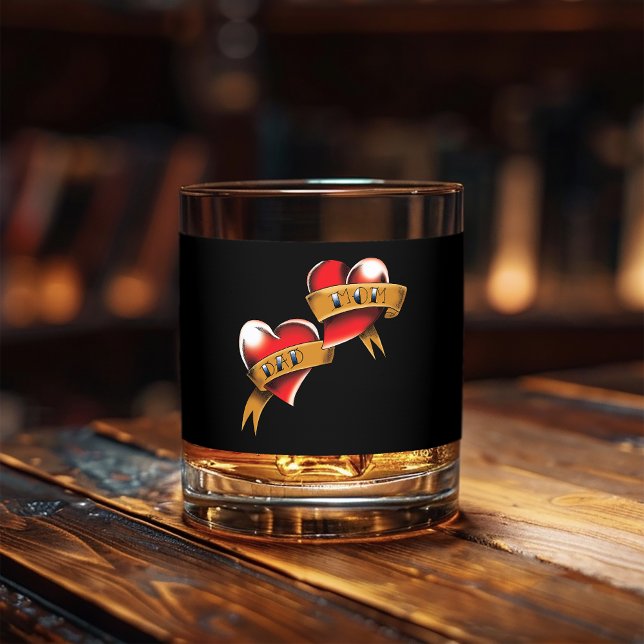 Mum Dad Red Hearts Tattoo Whiskey Glass (Creator Uploaded)