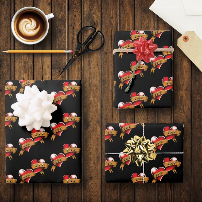 Mum Dad Red Hearts Tattoo Wrapping Paper Sheet (Creator Uploaded)