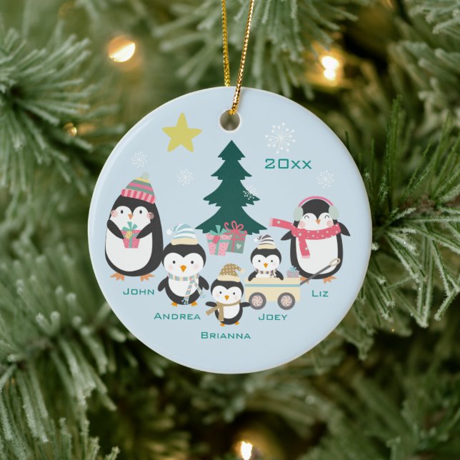 Mum, Dad & Three Children ~ Penguins Ceramic Tree Decoration (Tree)