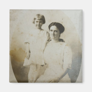 Mum & Daughter Oval Mask Foxed RPPC BW Photo Image Magnet