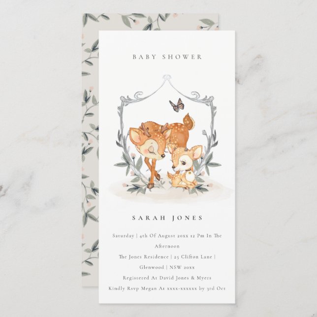 Mum Deer Fawn Floral Crest Baby Shower Invite (Front/Back)