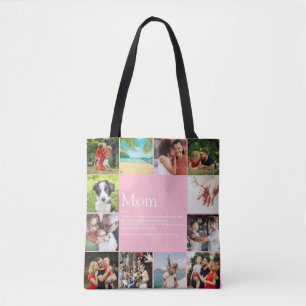 Mum Definition Quote 12 Photo Collage Pink Tote Bag