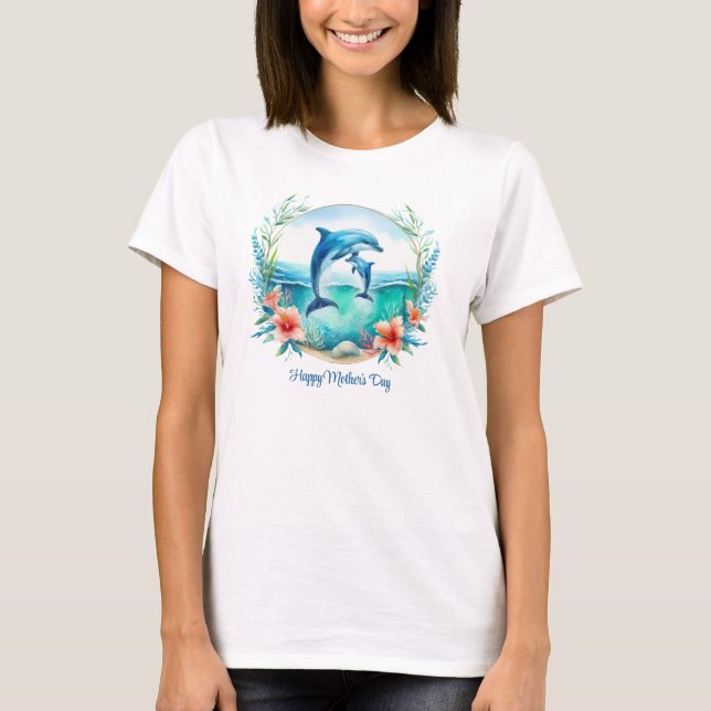 Mum dolphin with baby tropical ocean Mother's Day T-Shirt (Front)