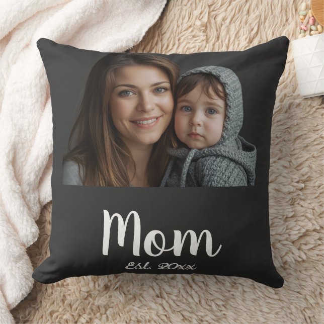 Mum Est. with year Black Modern Script and photo  Cushion (Blanket)