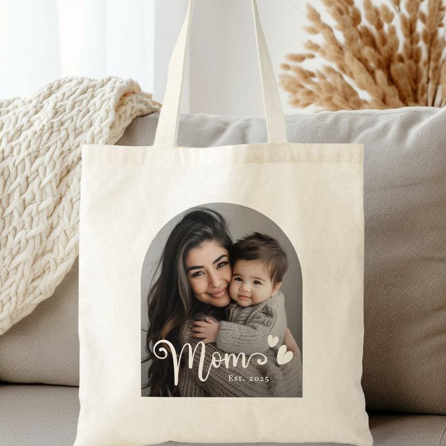 Mum est year hearts overlay photo tote bag (Mom est year hearts overlay photo tote bag)