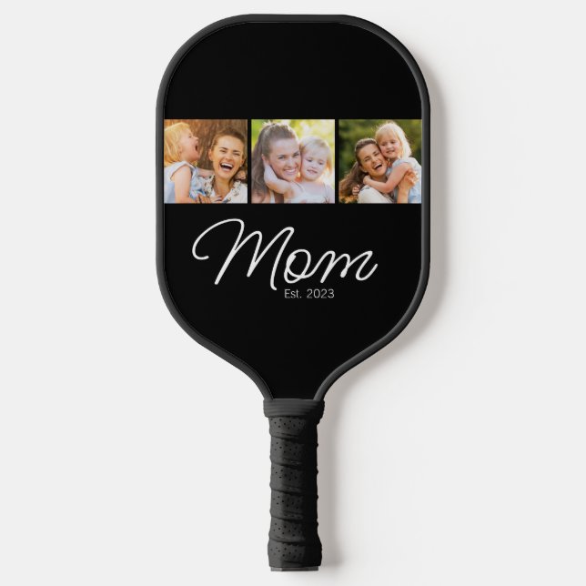 Mum Established 3 Photo Script Black Pickleball Paddle (Front)