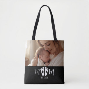 Mum Established Baby Footprints Script Black Photo Tote Bag
