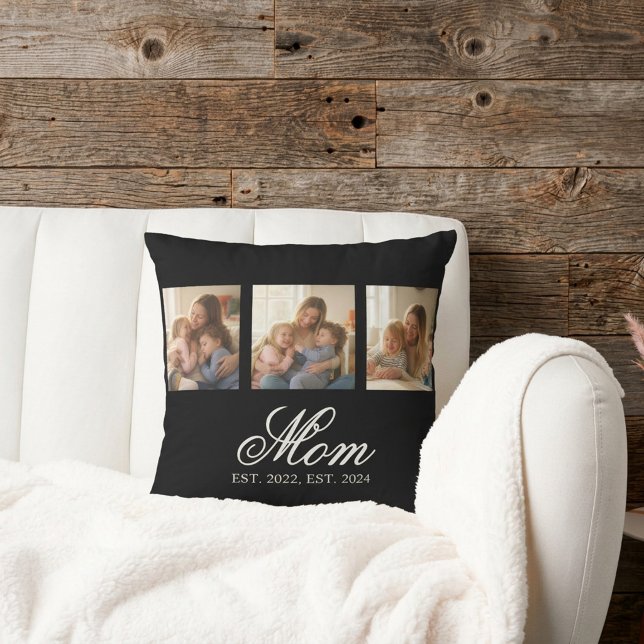 Mum Established Black Elegant Script 3 Photo Cushion (Mom Established Black Elegant Script 3 Photo Throw Pillow)
