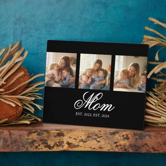 Mum Established Black Elegant Script 3 Photo Plaque (Side)