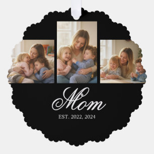 Mum Established Black Elegant Script 3 Photo Tree Decoration Card