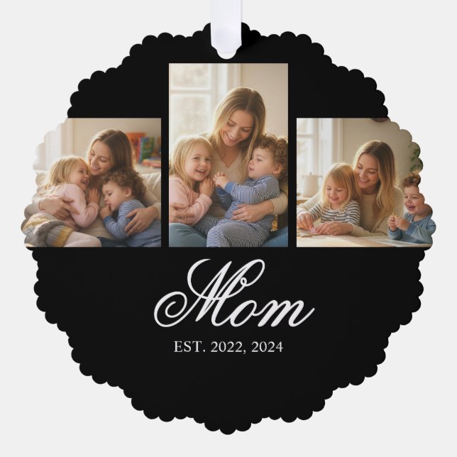 Mum Established Black Elegant Script 3 Photo Tree Decoration Card (Front)