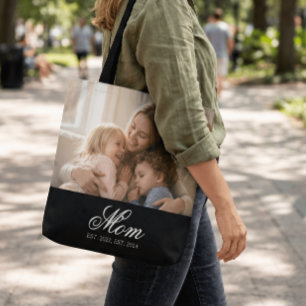 Mum Established Black Elegant Script Photo Tote Bag