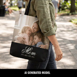 Mum Established Black Elegant Script Photo Tote Bag
