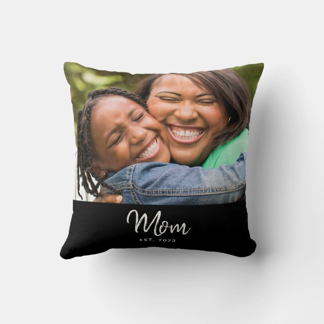 Mum Established Black Modern Script Photo  Cushion (Back)