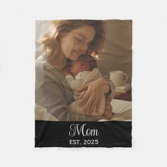 Mum Established Black Modern Script Photo Fleece Blanket (Front)