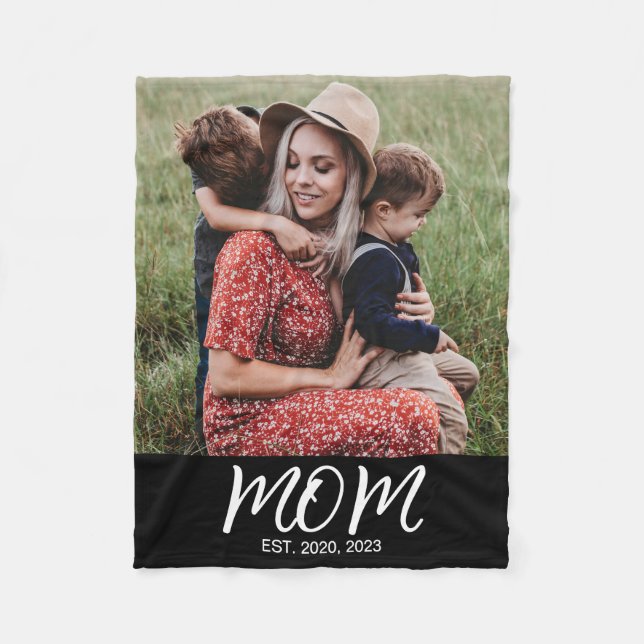 Mum Established Black Modern Script Photo Fleece Blanket (Front)