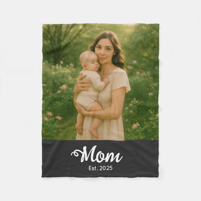 Mum Established Black Modern Script Photo Fleece Blanket (Front)