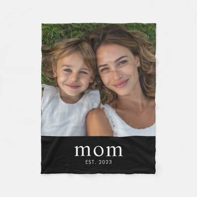 Mum Established Black Modern Script Photo Fleece Blanket (Front)