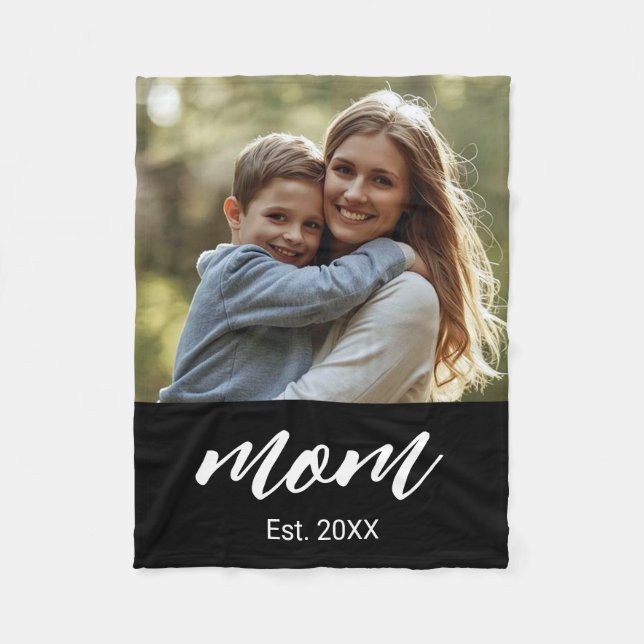 Mum Established Black Modern Script Photo Fleece Blanket (Front)