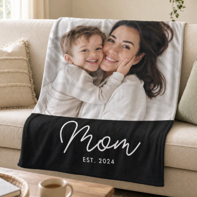 Mum Established Black Modern Script Photo Fleece Blanket (Creator Uploaded)