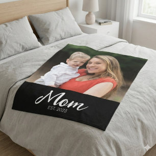 Mum Established Black Modern Script Photo  Fleece Blanket