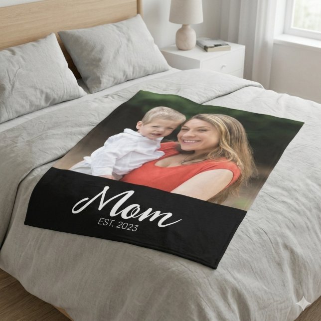 Mum Established Black Modern Script Photo  Fleece Blanket (Creator Uploaded)
