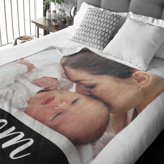 Mum Established Black Modern Script Photo Fleece Blanket (Creator Uploaded)