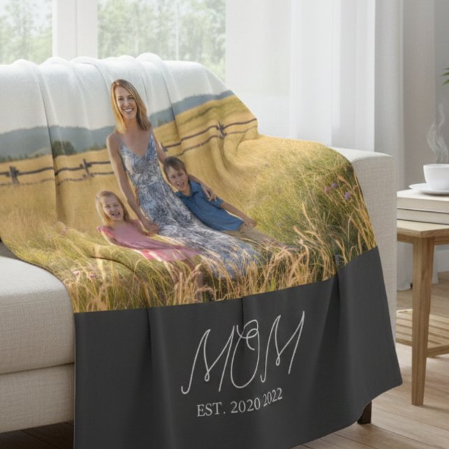 Mum Established Black Modern Script Photo  Fleece Blanket (Creator Uploaded)