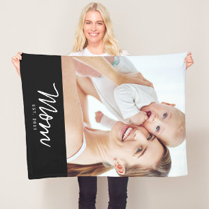 Mum Established Black Modern Script Photo Fleece Blanket
