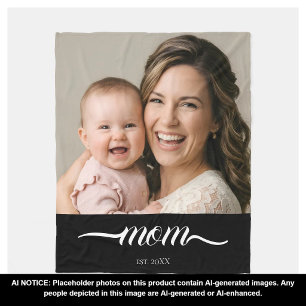 Mum Established Black Modern Script Photo  Fleece Blanket
