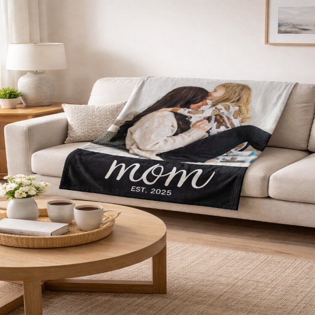 Mum Established Black Modern Script Photo Fleece Blanket (Creator Uploaded)