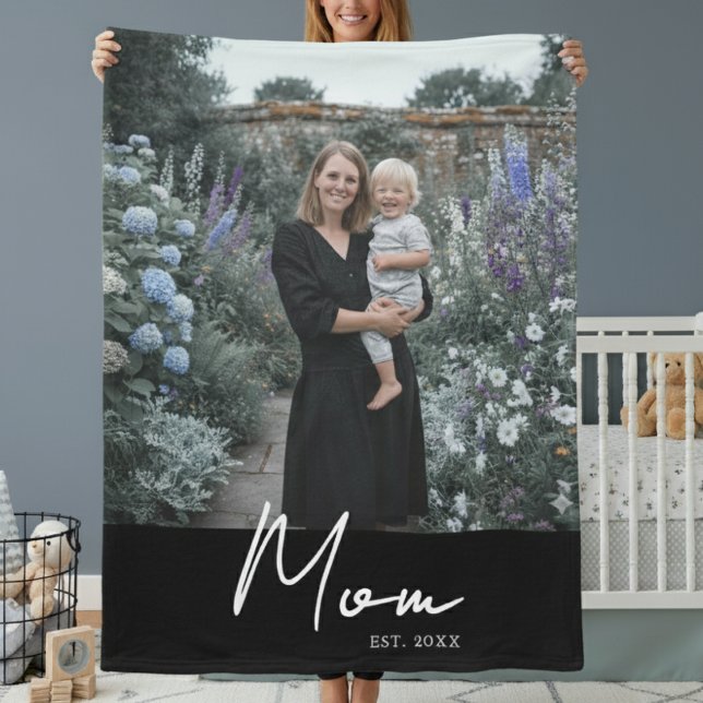 Mum Established Black Modern Script Photo Fleece Blanket (Creator Uploaded)