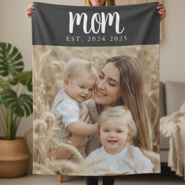 Mum Established Black Modern Script Photo Fleece Blanket (modern script font mom established date photo custom blanket for mothers day or christmas gift)