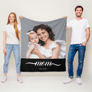 Mum Established Black Modern Script Photo Fleece Blanket