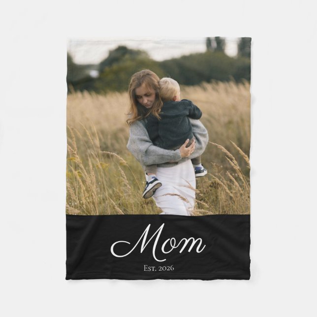 Mum Established Black Modern Script Photo Fleece Blanket (Front)