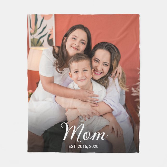 Mum Established Black Modern Script Photo Fleece Blanket (Front)