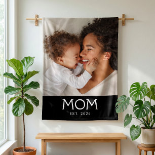 Mum Established Black Modern Typography Photo Fleece Blanket
