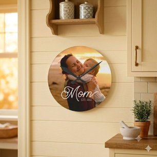 Mum Established Black Modern White Script Photo  Round Clock