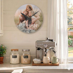 Mum Established Black Modern White Script Photo Round Clock
