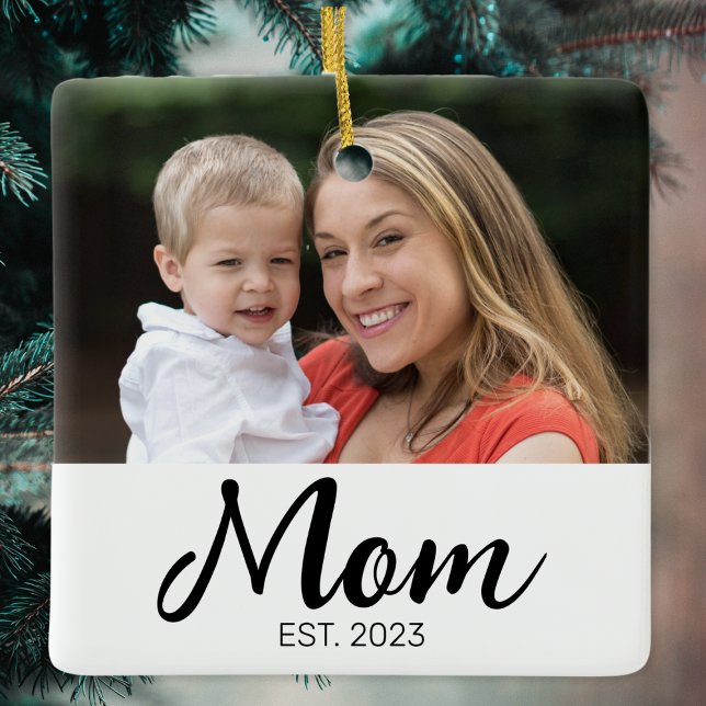 Mum Established Black Script Photo Ceramic Ornament (Creator Uploaded)