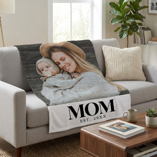 Mum Established Black Typography Photo Gift Fleece Blanket