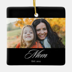 Mum Established Black White Elegant Script Photo Ceramic Ornament