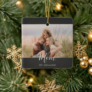Mum Established Black White Elegant Script Photo  Ceramic Ornament